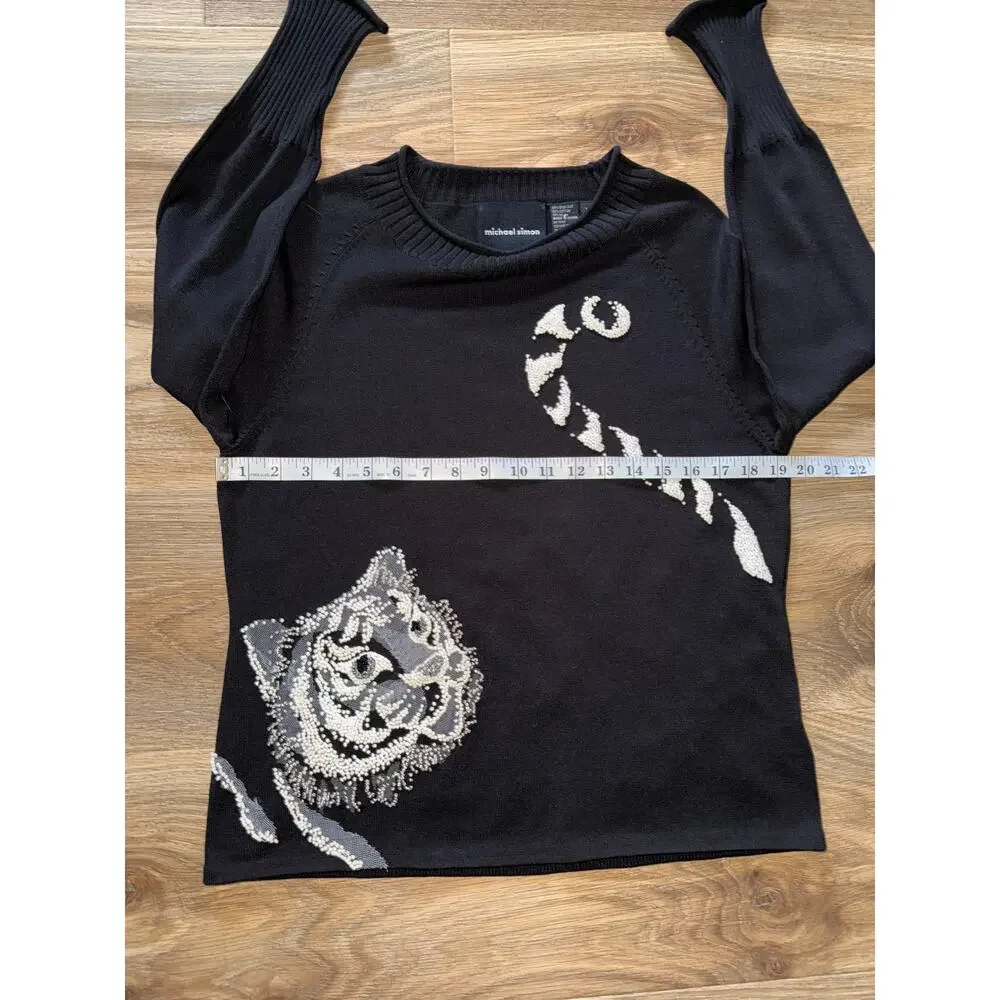 Michael Simon Vintage Cat Beaded Spun Silk Blend Sweater - Size medium -OG